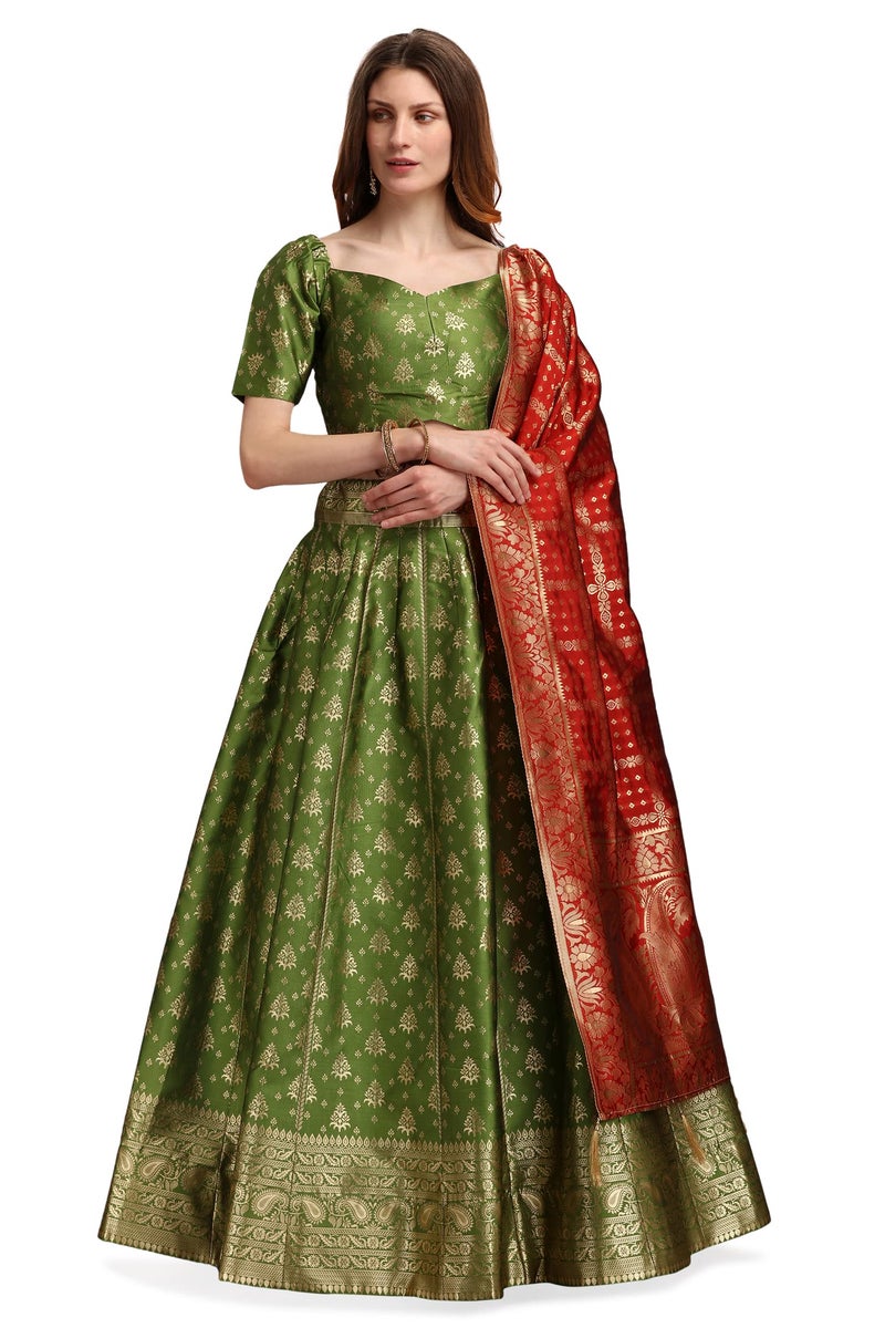 PURVAJA Women's Jacquard Semi-Stitched Lehenga choli (Trisha-Mehendi_Mehendi_Free Size) - Image 1