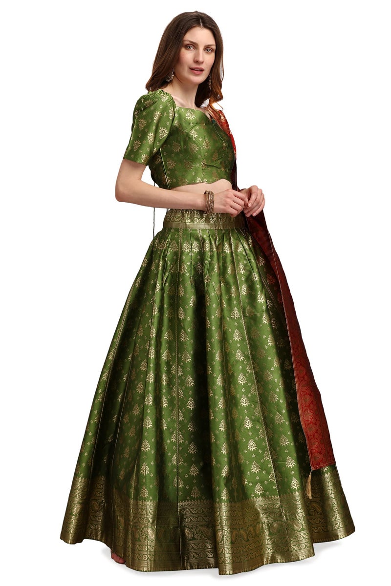 PURVAJA Women's Jacquard Semi-Stitched Lehenga choli (Trisha-Mehendi_Mehendi_Free Size) - Image 4