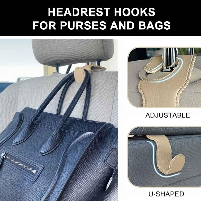 EldHus Car Seat Hooks for Purses and Bags, 2 Pack Car Purse Holder for Grocery Bag Handbag Clothes, Metal Headrest Hooks Covered by Leather, Beige - Image 2