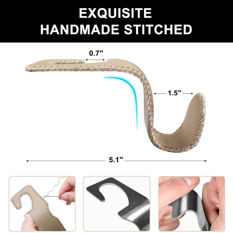 EldHus Car Seat Hooks for Purses and Bags, 2 Pack Car Purse Holder for Grocery Bag Handbag Clothes, Metal Headrest Hooks Covered by Leather, Beige - Image 3