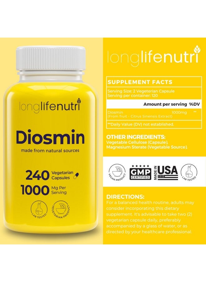 LongLifeNutri Diosmin 1000mg Advanced Formula - 240 Capsules for Circulatory Health Support, 4-Month Supply, Non-GMO, Made in USA - Daily Wellness Supplement - Image 2