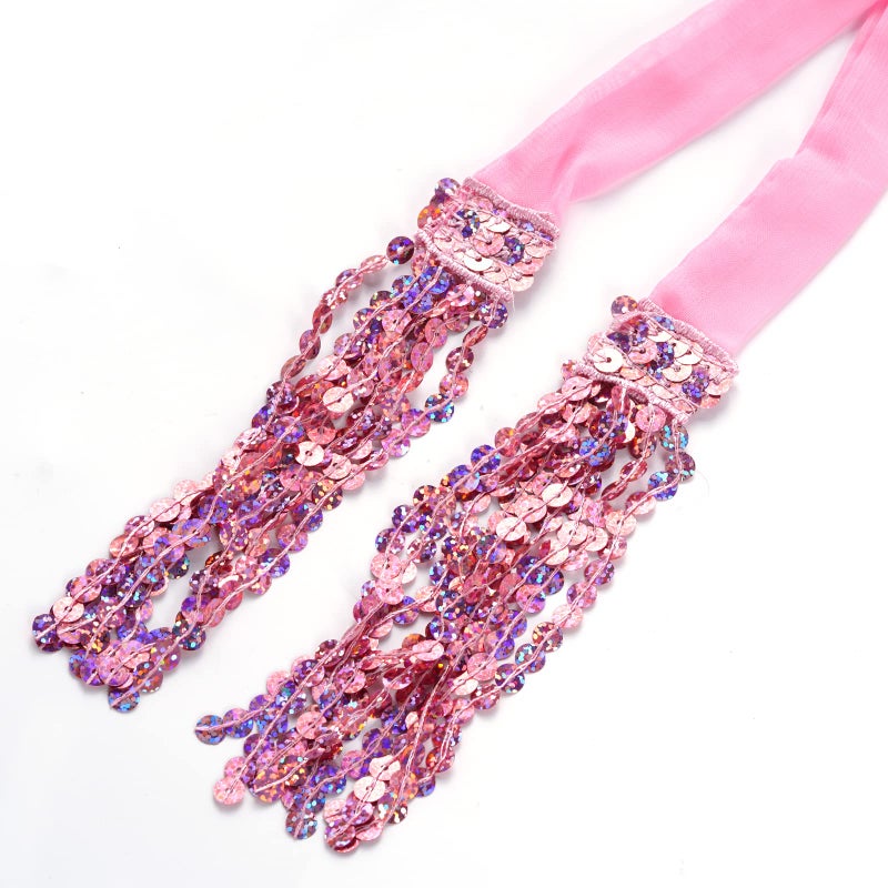 SUMERSHA شال خصر رقص البطن مع خرزات وشرابات - زي أداء - تنورة لامعة - تنورة حفل عيد الهالوين - تنورة مهرجان للنساء والفتيات، وردي - Image 5