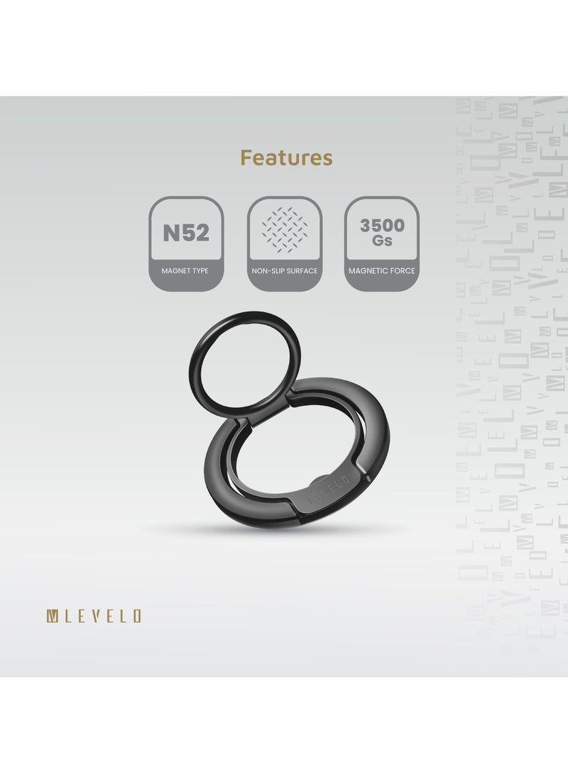 LEVELO 2 in 1 Phone Ring Holder with Strong N52 Magnet, 3500Gs Magnetic Force, Durable Aluminum Alloy Materials - Black - Image 2