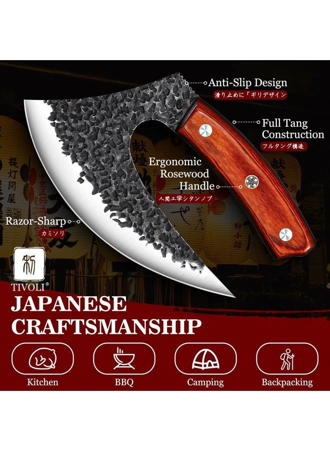 Tivoli Ulu Knife with Sheath – Full Tang Rosewood Handle, Gift Box Included, Pizza Cutter & Viking Butcher Cleaver Knife for Meat and Herbs, Great for Outdoor Cooking and Unique Japanese Gifts for Men - Image 4
