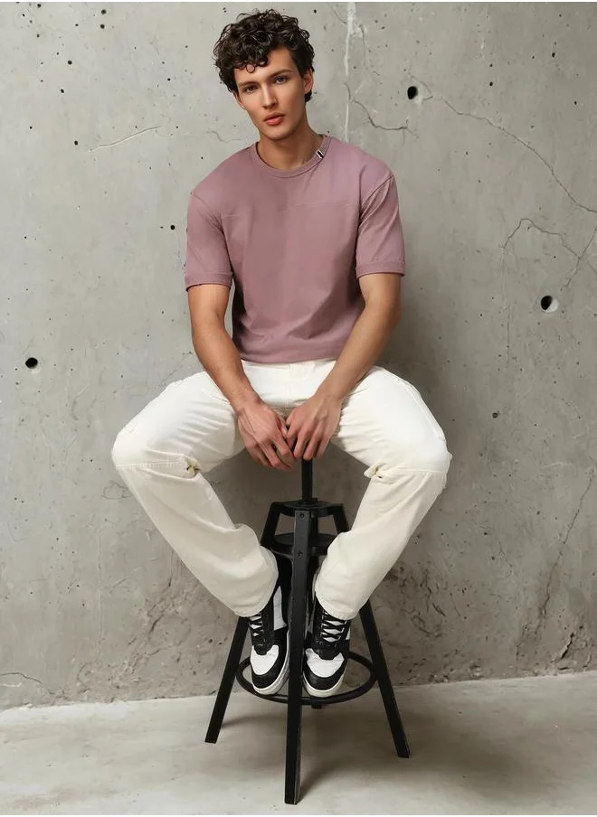 HIGH STAR Men's Mauve 100% Cotton Solid Relaxed Fit T-Shirt