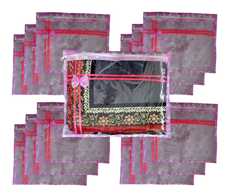 DIKHAWA Set of 12 Non Woven Flower Print Single Saree Cover Bag with Zip, Cloth Cover (Pink) - Image 1