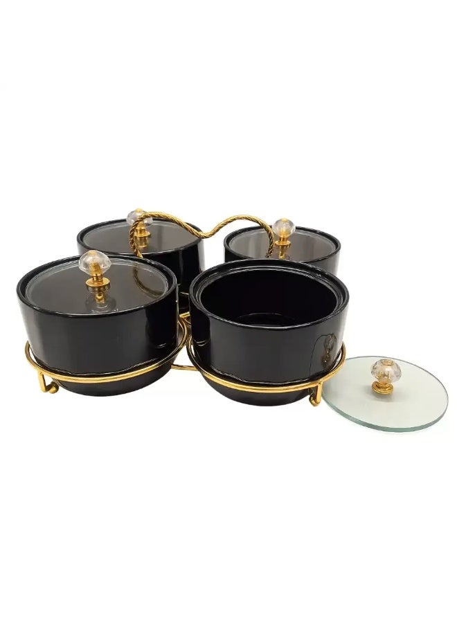 سليك 4-Piece Sleek Black Candy Bowl Set – Glass Lids & Heart-Shaped Golden Stand - Image 1