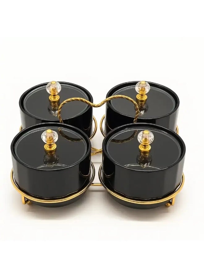 سليك 4-Piece Sleek Black Candy Bowl Set – Glass Lids & Heart-Shaped Golden Stand - Image 2