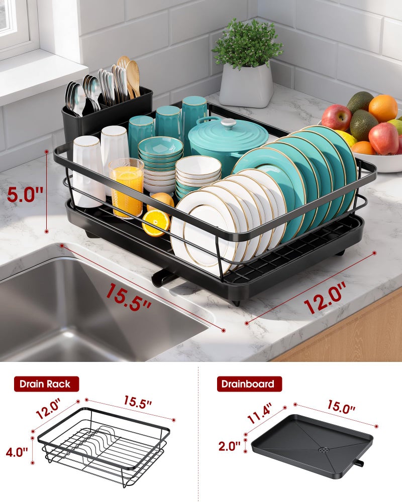 Sakugi Stainless Steel Dish Drying Rack for Kitchen Counter, Sink Organization and Storage Essentials with Silverware & Utensil Holder, Home and Apartment Decor, 12''W x 15.5''L, Black - Image 5