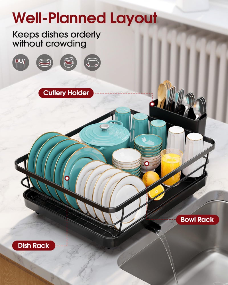 Sakugi Stainless Steel Dish Drying Rack for Kitchen Counter, Sink Organization and Storage Essentials with Silverware & Utensil Holder, Home and Apartment Decor, 12''W x 15.5''L, Black - Image 2