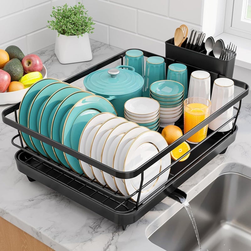 Sakugi Stainless Steel Dish Drying Rack for Kitchen Counter, Sink Organization and Storage Essentials with Silverware & Utensil Holder, Home and Apartment Decor, 12''W x 15.5''L, Black - Image 1