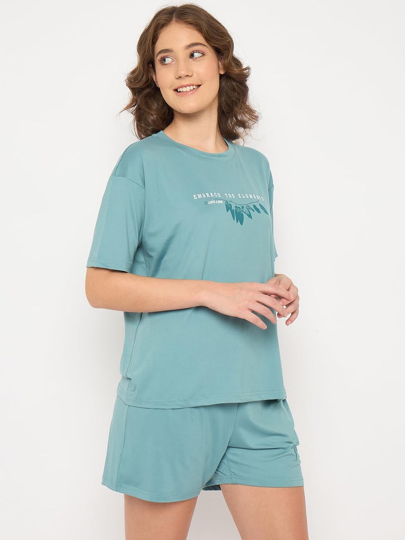 CAMEY T-Shit & Shorts Night Suit for Women, Comfortable for Summer Nights, Printed Regular Fit Two Piece Set, 2 Pockes Shorts, Home Wear, Lounge Wear Co Ord Set (Teal) (XXL) - Image 4