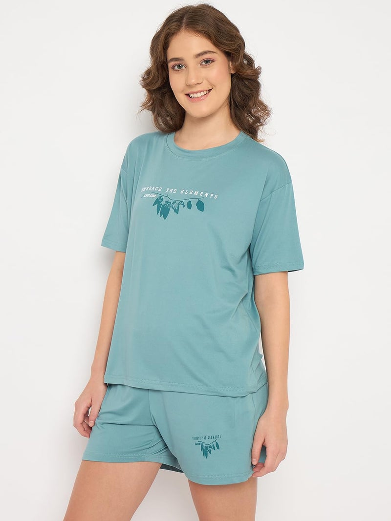 CAMEY T-Shit & Shorts Night Suit for Women, Comfortable for Summer Nights, Printed Regular Fit Two Piece Set, 2 Pockes Shorts, Home Wear, Lounge Wear Co Ord Set (Teal) (XXL) - Image 3
