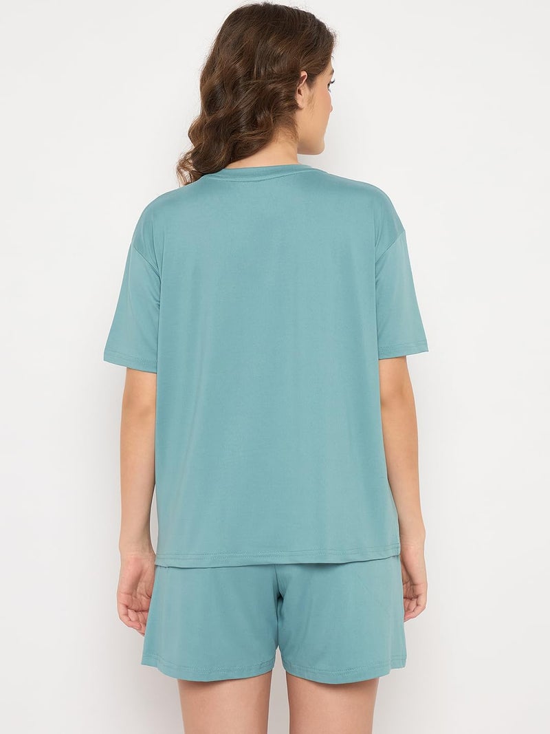 CAMEY T-Shit & Shorts Night Suit for Women, Comfortable for Summer Nights, Printed Regular Fit Two Piece Set, 2 Pockes Shorts, Home Wear, Lounge Wear Co Ord Set (Teal) (XXL) - Image 5