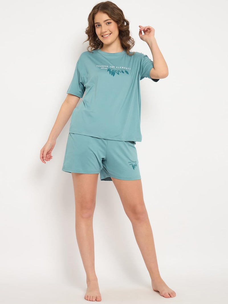 CAMEY T-Shit & Shorts Night Suit for Women, Comfortable for Summer Nights, Printed Regular Fit Two Piece Set, 2 Pockes Shorts, Home Wear, Lounge Wear Co Ord Set (Teal) (XXL) - Image 2