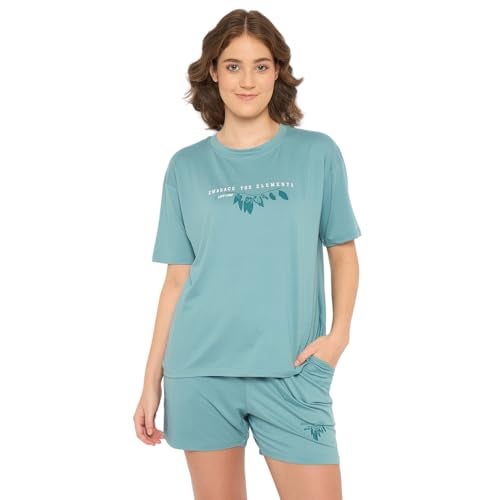 CAMEY T-Shit & Shorts Night Suit for Women, Comfortable for Summer Nights, Printed Regular Fit Two Piece Set, 2 Pockes Shorts, Home Wear, Lounge Wear Co Ord Set (Teal) (XXL) - Image 1