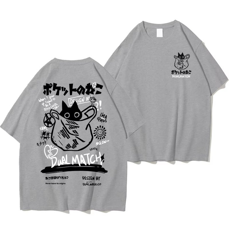 Unisex 2024 Harajuku Kawakami Cat Printed Short-Sleeved T-Shirt Couples Street Casual Loose Clothes Y2K Top - Image 1