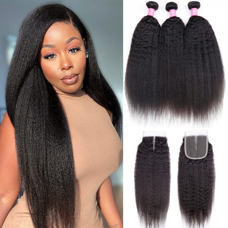 Odir Kinky Straight Bundles with Closure Brazilian Human Hair 18 20 2216 Inch Unprocessed 9A Yaki Straight Virgin Hair 3 Bundles with 4x4 Lace Closure Natural Color
