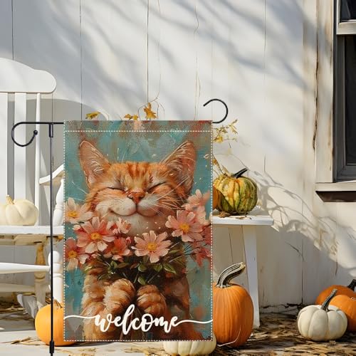RMXJKIIU Welcome Spring Garden Flags Summer Cat Garden Flag 12x18 Inch Double Sided Colorful Floral Small Burlap Home Yard Lawn Holiday Decorations - Image 2