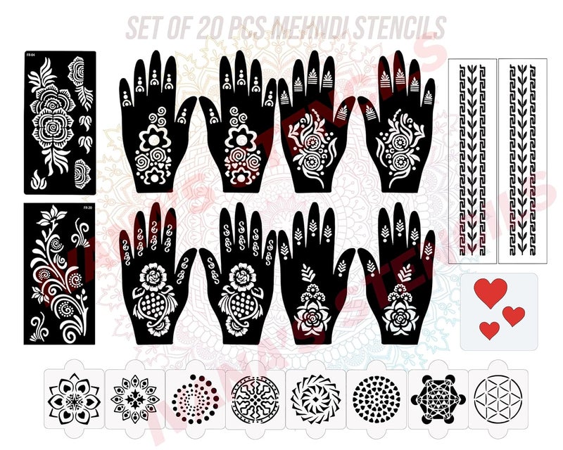 ivana's Ivanas Set of 20 Pcs Combo Pack Reusable Mehandi Design Sticker Stencils for Both Hand  Mehendi Design Stencils  Quick and Easy to Use for Girls Women Kids  Teen D2112 - Image 1