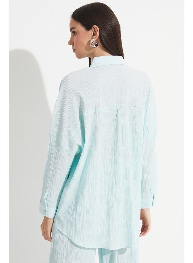 JUNE Women Exclusive Boyfriend/Wide Fit Cotton Woven Shirt Mint - Image 4