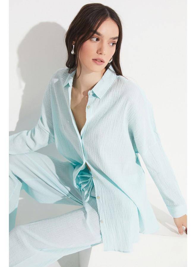 JUNE Women Exclusive Boyfriend/Wide Fit Cotton Woven Shirt Mint - Image 3