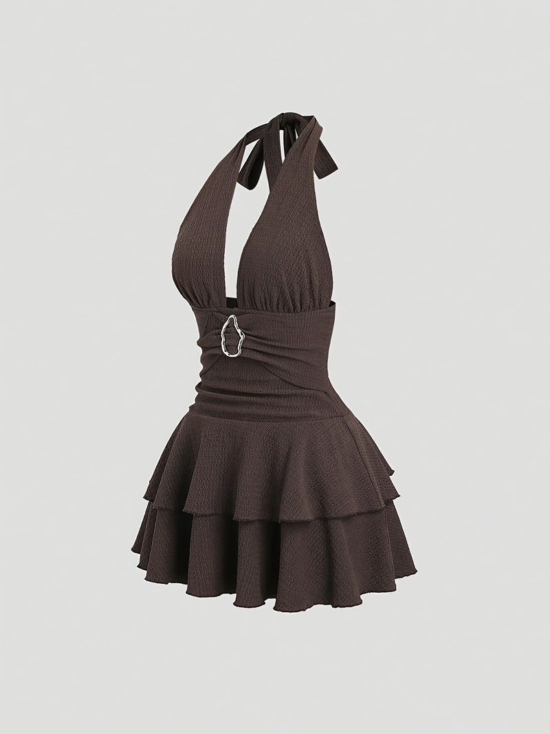 An Elegant Brown Metal Buckle Adorned Backless Ruffled Mini Skirt, Perfect for New Year'S Parties - Image 2