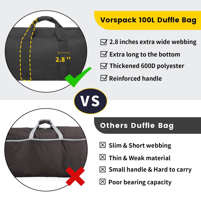 Vorspack Extra Large Duffle Bag for Travel - 200L Duffel Bag for Men Gear Bag for Storage Foldable Weekender Bag for Overnight Camping - Black - Image 3