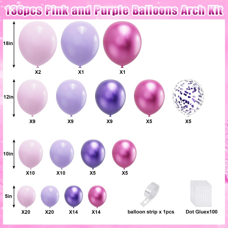 YMSZ Pink and Purple Balloons, 136pcs Pink and Purple Balloons Garland Arch Kit with Different Sizes for Girls Women Birthday Baby Shower Wedding Party Decorations - Image 2