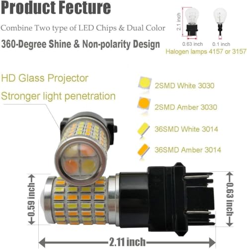 iBrightstar Super Bright 3157 4157 3155 3457 Switchback LED Bulbs with Projector Replacement for Daytime Running Lights/DRL and Turn Signal Lights, White/Amber - Image 2
