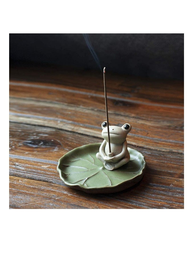 100% Handmade Ceramic Stick Incense Burner Holder, Small Frog Incense Burner, Lotus Leaf Tray, Mini C ute Animal Statue Incense Burner,for Home Yoga Office  - Image 2
