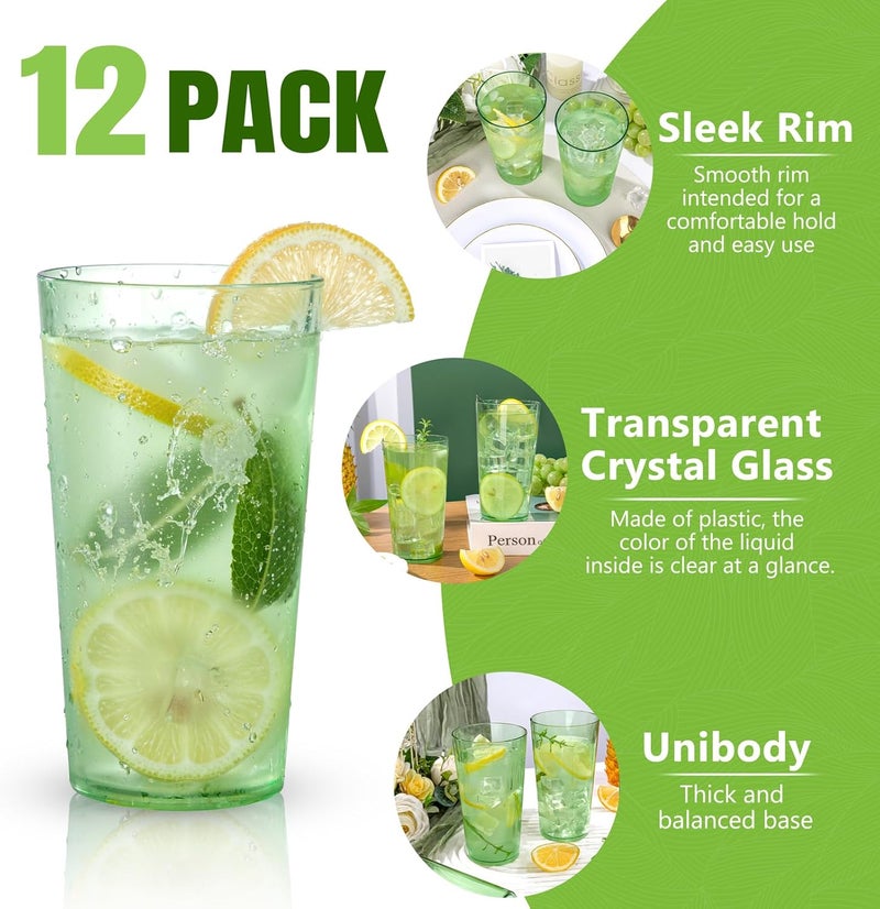 Liacere Plastic Drinking Glasses Set of 12 18oz Highball Green Reusable Plastic Glasses ColorsKitchen Water Glasses Cup Bar Tumbler Glassware Set for Beer Juice Cocktail Whiskey Milk - Image 2