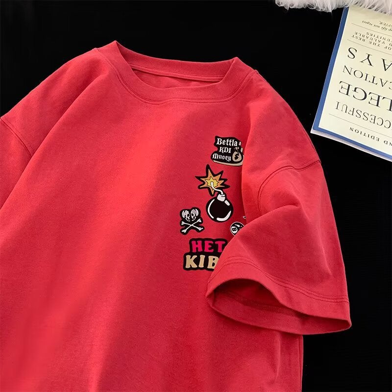 American Retro National Trend Graffiti Cartoon Short-Sleeve T-Shirt For Teenagers, Summer Couple Loose Tee - Image 5