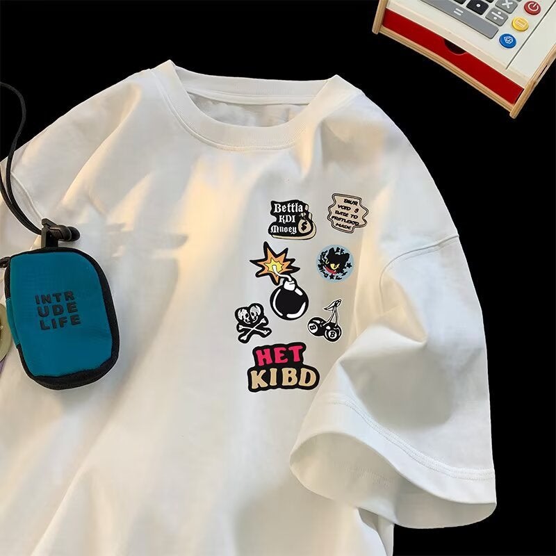 American Retro National Trend Graffiti Cartoon Short-Sleeve T-Shirt For Teenagers, Summer Couple Loose Tee - Image 2