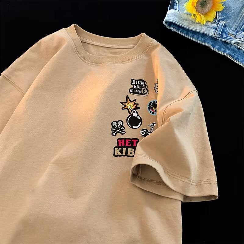 American Retro National Trend Graffiti Cartoon Short-Sleeve T-Shirt For Teenagers, Summer Couple Loose Tee - Image 4