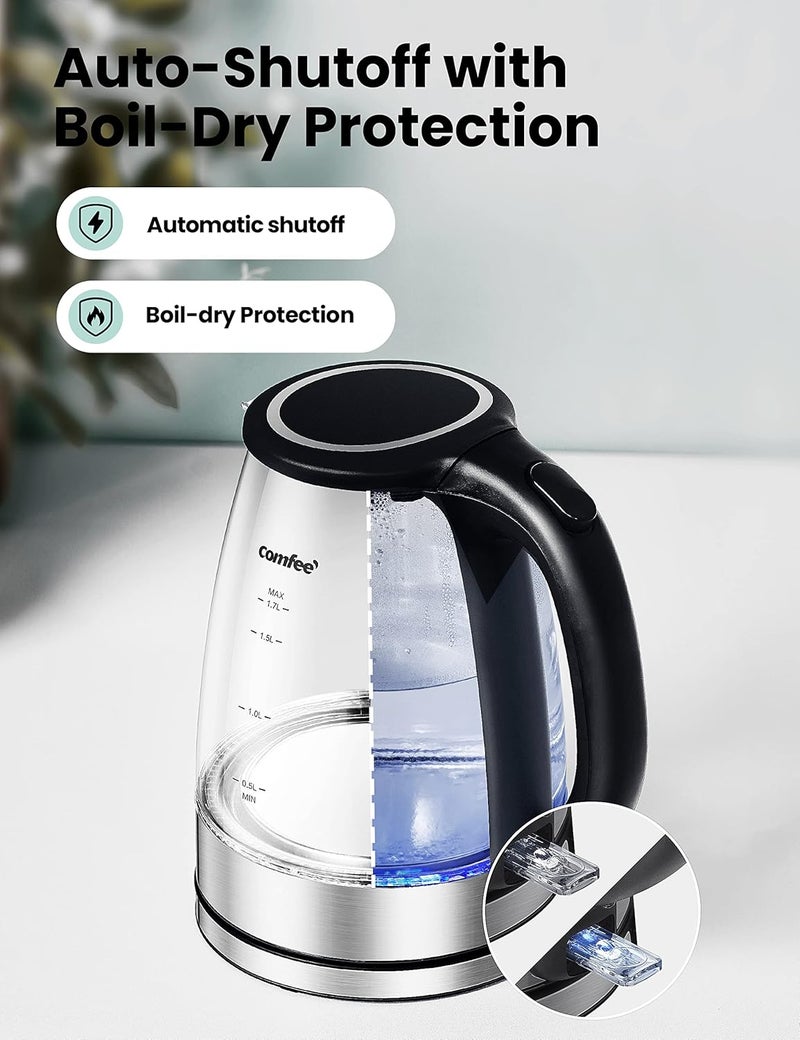 Comfee' ' Glass Electric Tea Kettle & Hot Water Kettle Electric, 1.7L Electric Kettle with LED Indicator, 1500W Fast Boil, Auto Shut-Off and Boil-Dry Protection - Image 5