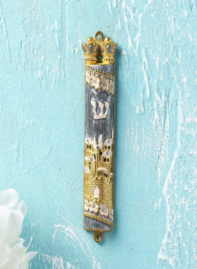 Matashi Hand Painted Mezuzah Gold Plated and Crystals (Grey Enamel Mezuzah Jerusalem City) - Home Décor Jewish Holiday Housewarming Present House Blessing Gift for Holiday Festival - Image 5
