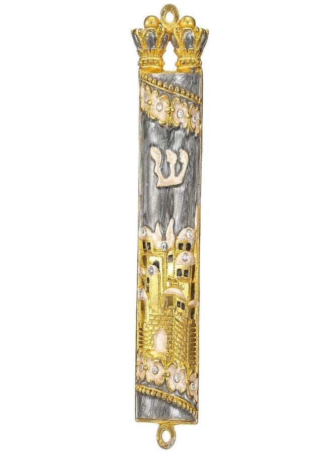 Matashi Hand Painted Mezuzah Gold Plated and Crystals (Grey Enamel Mezuzah Jerusalem City) - Home Décor Jewish Holiday Housewarming Present House Blessing Gift for Holiday Festival - Image 2