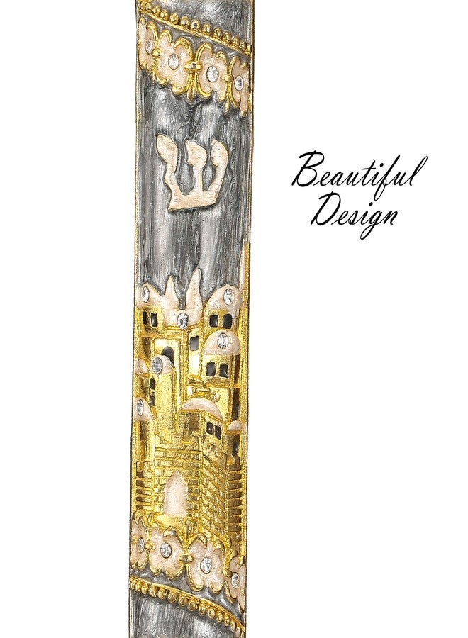 Matashi Hand Painted Mezuzah Gold Plated and Crystals (Grey Enamel Mezuzah Jerusalem City) - Home Décor Jewish Holiday Housewarming Present House Blessing Gift for Holiday Festival - Image 4