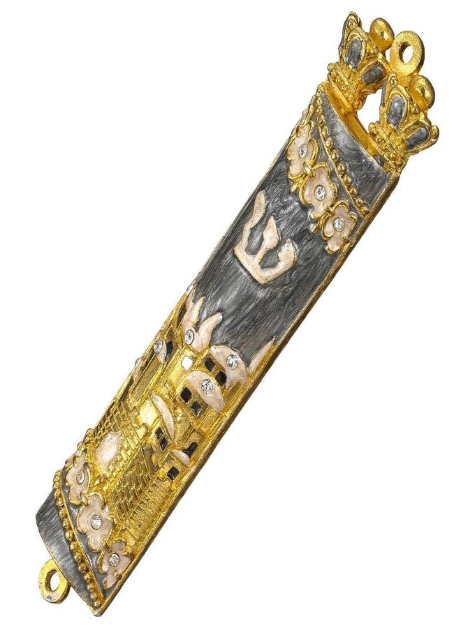 Matashi Hand Painted Mezuzah Gold Plated and Crystals (Grey Enamel Mezuzah Jerusalem City) - Home Décor Jewish Holiday Housewarming Present House Blessing Gift for Holiday Festival - Image 3