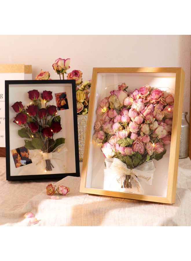 Dried Flower Photo Frame High Sense Rose Flower Preservation Display Flower Desiccant Hollow Frame Production-Color:1245/hollow 3cm/log Pattern—single Frame Does Not Include Bouquet- 6inch Inner Frame Size (10.2*15.2cm) - Image 1