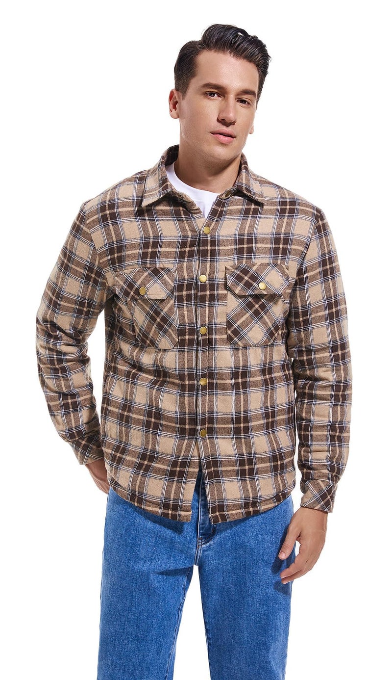 Puwasa Men's Cotton Flannel Shirt Jacket Long Sleeve Fleece Casual Button Down Plaid Jacket, Brushed Soft Outdoor Coat with Pocket Khaki Small - Image 4