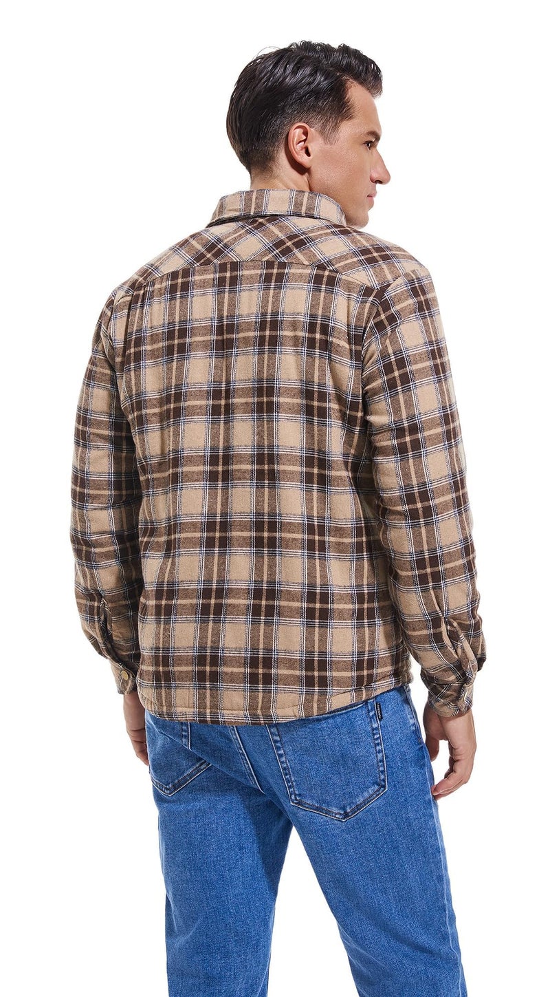 Puwasa Men's Cotton Flannel Shirt Jacket Long Sleeve Fleece Casual Button Down Plaid Jacket, Brushed Soft Outdoor Coat with Pocket Khaki Small - Image 5