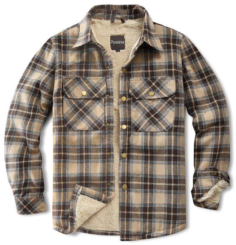 Puwasa Men's Cotton Flannel Shirt Jacket Long Sleeve Fleece Casual Button Down Plaid Jacket, Brushed Soft Outdoor Coat with Pocket Khaki Small - Image 1