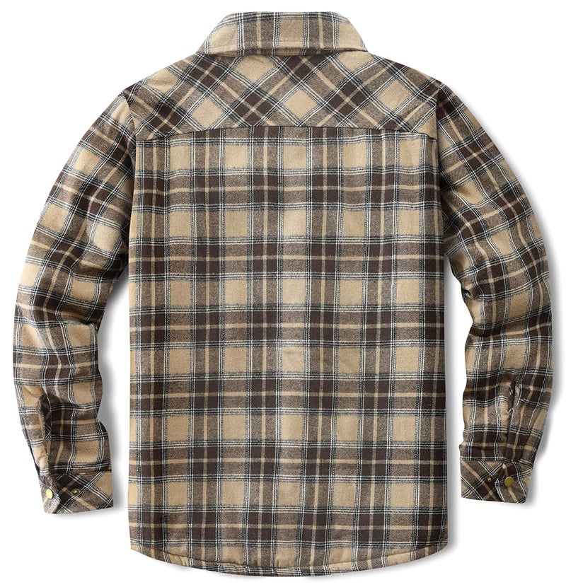 Puwasa Men's Cotton Flannel Shirt Jacket Long Sleeve Fleece Casual Button Down Plaid Jacket, Brushed Soft Outdoor Coat with Pocket Khaki Small - Image 2