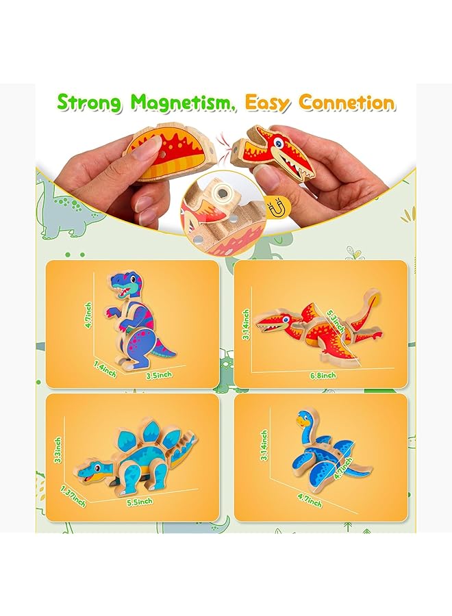 X spring Dinosaur Magnetic Blocks 30Pcs Take Apart Dinosaurs Playset Wooden Dino Blocks Dinosaur Magnetic Building Blocks Set Montessori Fine Motor Skills Educational Learning Toy Gift - Image 4