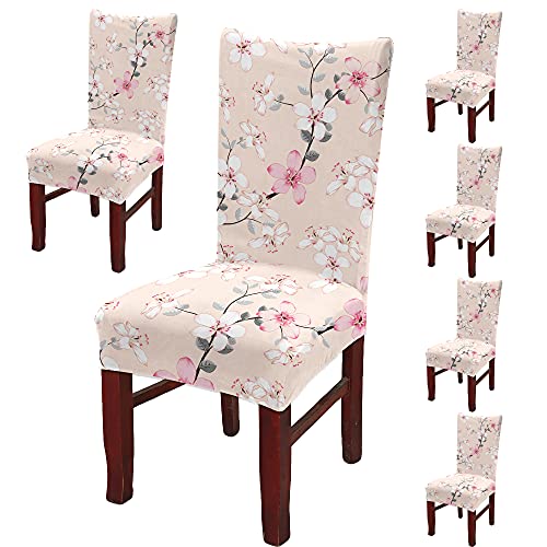 BRIDA® Polyester Spandex Stretchable Floral Geometric Printed Dining Chair Covers Elastic Chair Seat Case Protector, Slipcovers (6 Chair Cover, Peach Flowers) - Image 1