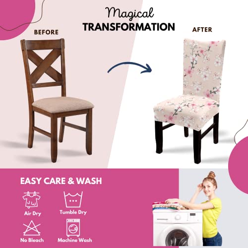 BRIDA® Polyester Spandex Stretchable Floral Geometric Printed Dining Chair Covers Elastic Chair Seat Case Protector, Slipcovers (6 Chair Cover, Peach Flowers) - Image 5