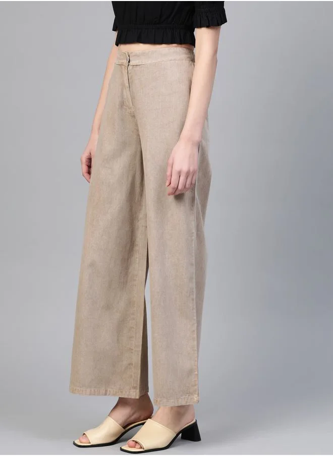 SASSAFRAS Denim Wide Leg Pants with Half-Elastic Waistband