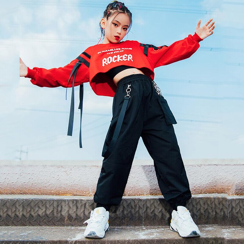 Ameeha Hip Hop Dance Costume Set, Crop Top, Tank Top, Cargo Jogger Pants, 3-Piece Street Style Outfit (Red, 13 Years-14 Years) - Image 3